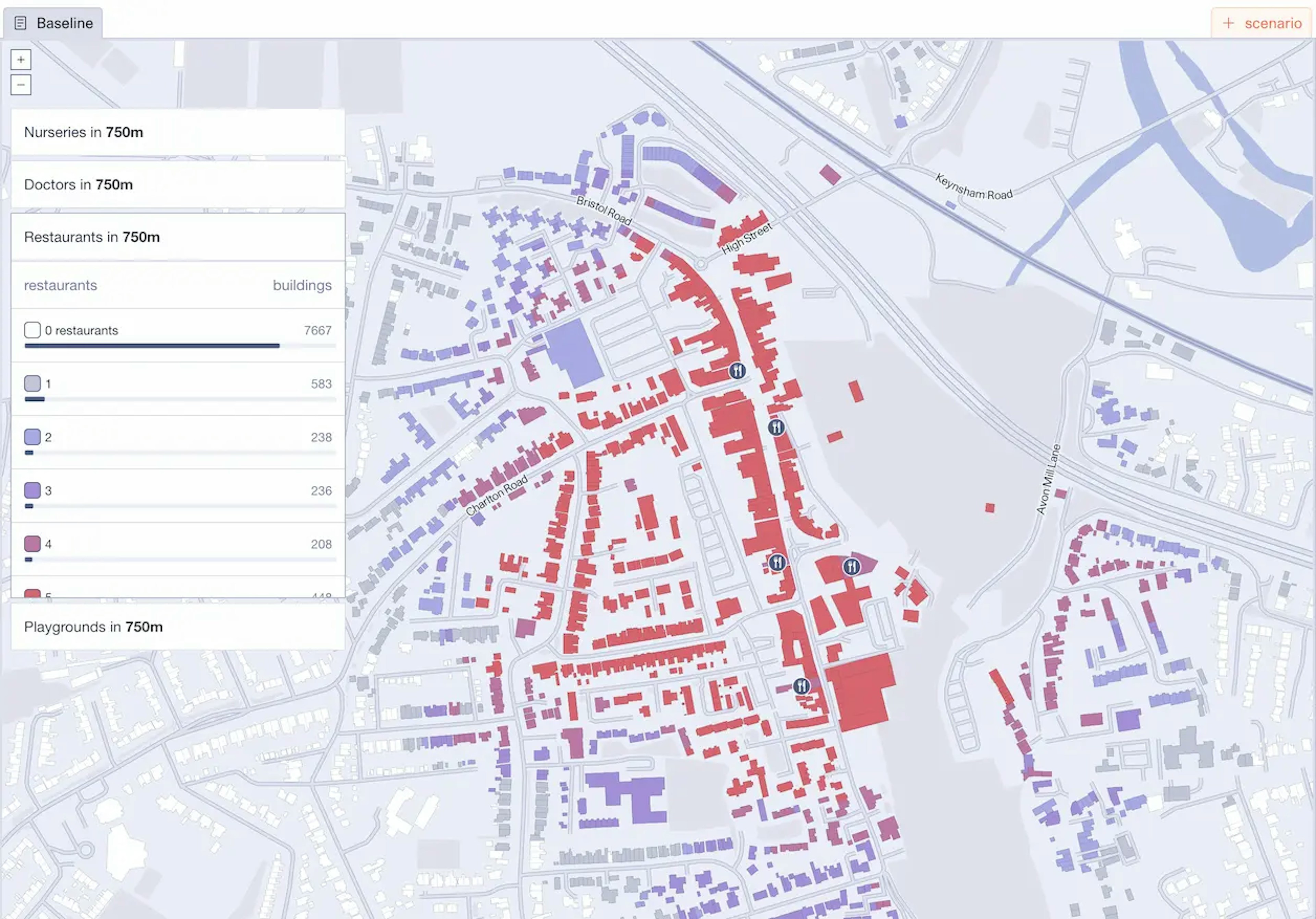 This is an image of the Skyline product showing an analysis of a city. The image shows a map where buildings are colored according to the analysis results. On the top right of the map, four analysis cards represent four different types of amenities reachable in 750m (Nurseries, Doctors, Restaurants, and Playgrounds).