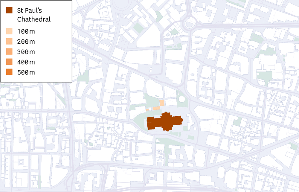 A map showing Saint Paul's Cathedral and buildings within 100,200,300,400,500 meters.