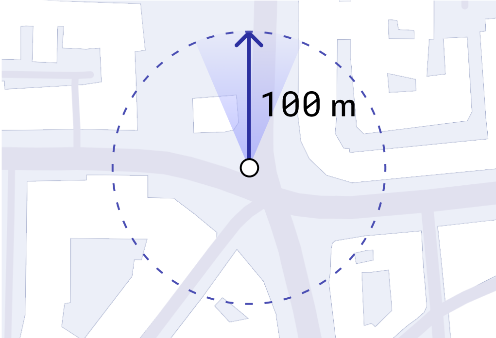 A map showing sightlines limited to 100m.