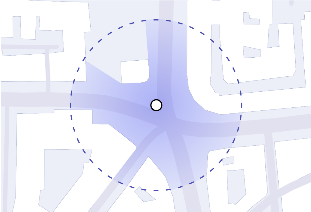 A map showing how the visible distance is calculated for all directions someone could face.